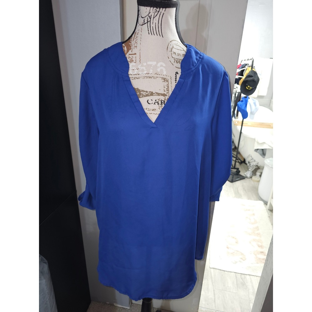 Royal Blue Roll Tab Sleeve V-Neck Tunic Blouse Top